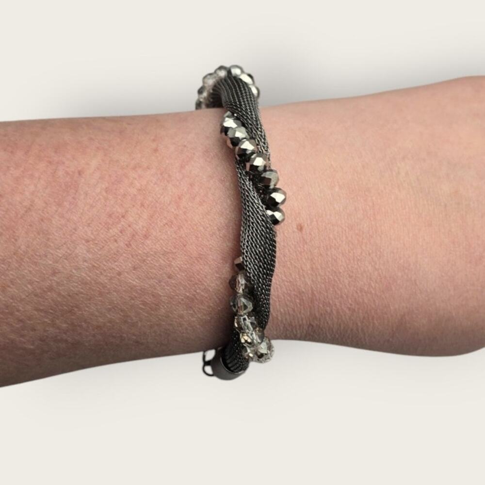 Alfani Silver Mesh Bracelet Crystal Beads Twisted Adjustable - Modern Chic